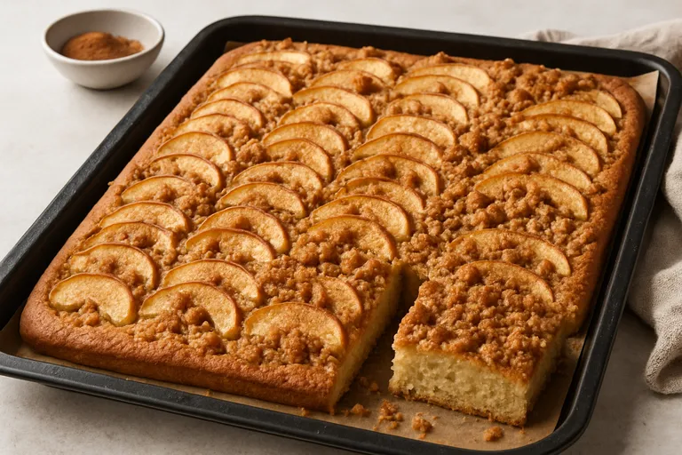Smeuïge appelplaatcake van de bakplaat met kaneel en een krokante kruimellaag